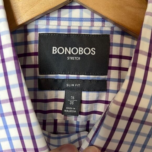 BONOBOS Men’s Slim Fit Professional Dress Shirt 16 | 35 Plaid Purple Blue White - Picture 3 of 7